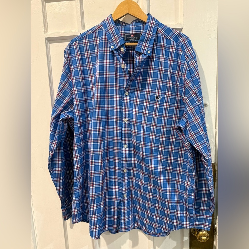 Vineyard Vines Men's Blue and Red Plaid Shirt
